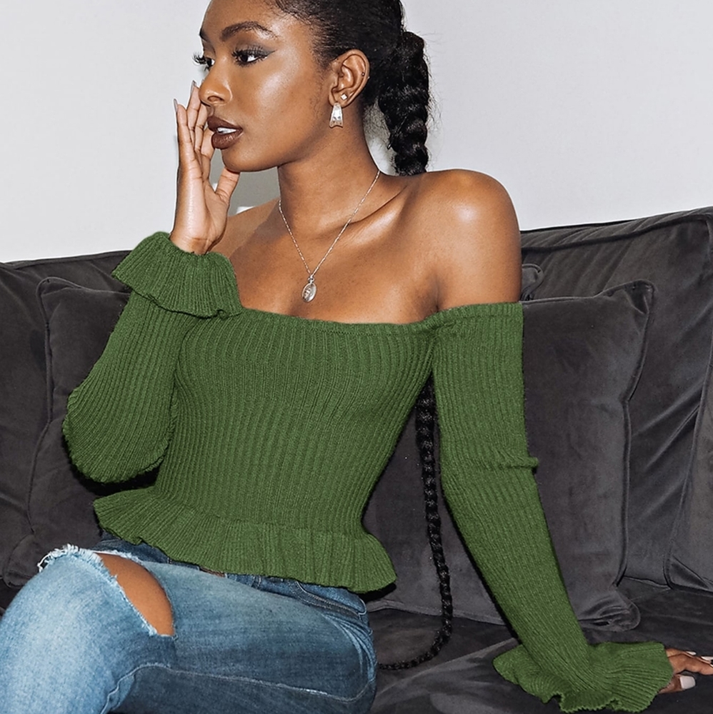 Off Shoulder Ruffle Hem Sweater
